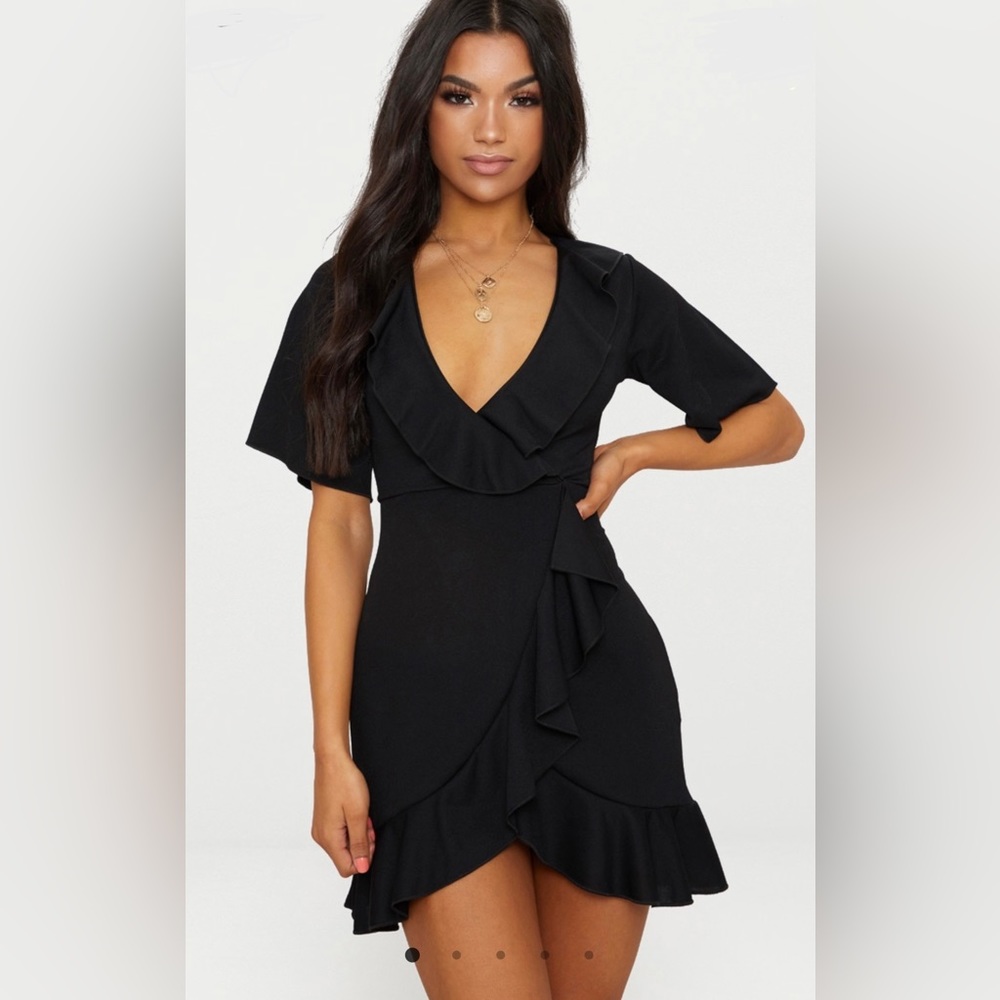 Black Frill Detail Wrap Dress